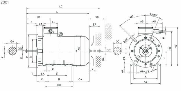 Габаритные и присоединительные размеры электродвигателя AKM с 71 по 200 габарит (фланец)