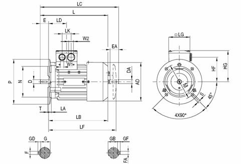 Габаритные и присоединительные размеры электродвигателя 1LA9 с 56 по 90 габарит (IMB5-фланец)
